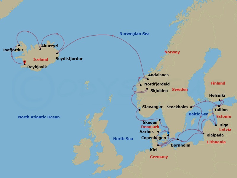 24 Night - Scandinavia & Viking Fjords Explorer - Caribbean Princess - Starting in Copenhagen, Denmark, Aarhus, Denmark, Kiel (Hamburg), Germany, Bornholm, Denmark, Klaipeda, Lithuania, Riga, Latvia, Tallinn, Estonia, Helsinki, Finland, Tallinn, Estonia, Stockholm, Sweden, Klaipeda, Lithuania, Bornholm, Denmark, Kiel (Hamburg), Germany, Copenhagen, Denmark, Skagen, Denmark, Stavanger, Norway, Skjolden / Sognefjord, Norway, Nordfjordeid, Norway, Andalsnes, Norway, Seydisfjordur, Iceland, Akureyri, Iceland, Isafjordur, Iceland, Reykjavik, Iceland itinerary map