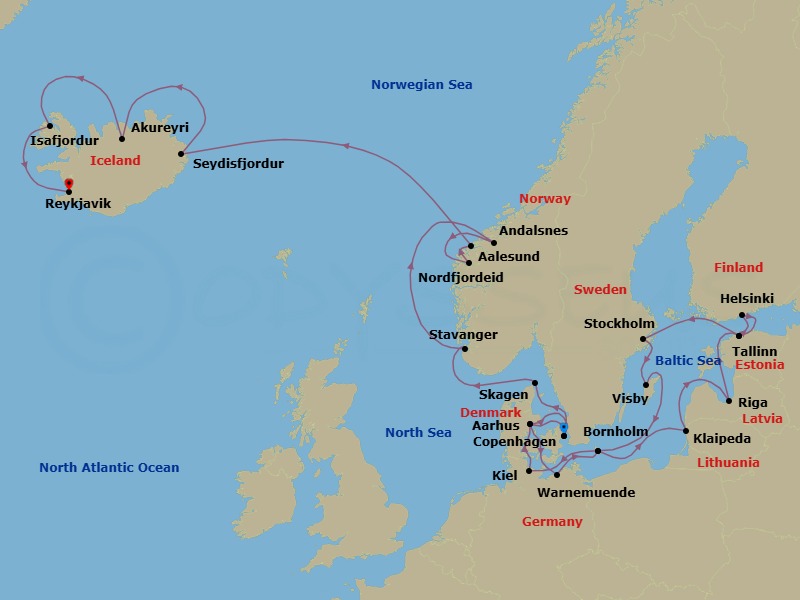 24 Night - Scandinavia & Viking Fjords Explorer - Caribbean Princess - Starting in Copenhagen, Denmark, Aarhus, Denmark, Warnemunde (for Berlin), Germany, Bornholm, Denmark, Klaipeda, Lithuania, Riga, Latvia, Tallinn, Estonia, Helsinki, Finland, Tallinn, Estonia, Stockholm, Sweden, Visby, Sweden, Bornholm, Denmark, Kiel (Hamburg), Germany, Aarhus, Denmark, Copenhagen, Denmark, Skagen, Denmark, Stavanger, Norway, Andalsnes, Norway, Nordfjordeid, Norway, Alesund, Norway, Seydisfjordur, Iceland, Akureyri, Iceland, Isafjordur, Iceland, Reykjavik, Iceland itinerary map