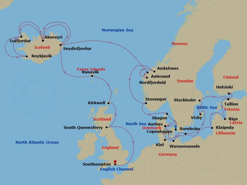 33 Night - Scandinavia, Iceland & British Isles Explorer - Caribbean Princess - Starting in Copenhagen, Denmark, Aarhus, Denmark, Warnemunde (for Berlin), Germany, Bornholm, Denmark, Klaipeda, Lithuania, Riga, Latvia, Tallinn, Estonia, Helsinki, Finland, Tallinn, Estonia, Stockholm, Sweden, Visby, Sweden, Bornholm, Denmark, Kiel (Hamburg), Germany, Aarhus, Denmark, Copenhagen, Denmark, Skagen, Denmark, Stavanger, Norway, Andalsnes, Norway, Nordfjordeid, Norway, Alesund, Norway, Seydisfjordur, Iceland, Akureyri, Iceland, Isafjordur, Iceland, Reykjavik, Iceland, Isafjordur, Iceland, Akureyri, Iceland, Seydisfjordur, Iceland, Runavik, Faroe Islands, Orkney Islands (Kirkwall), Scotland, Edinburgh (South Queensferry), Scotland, Southampton (for London), England itinerary map