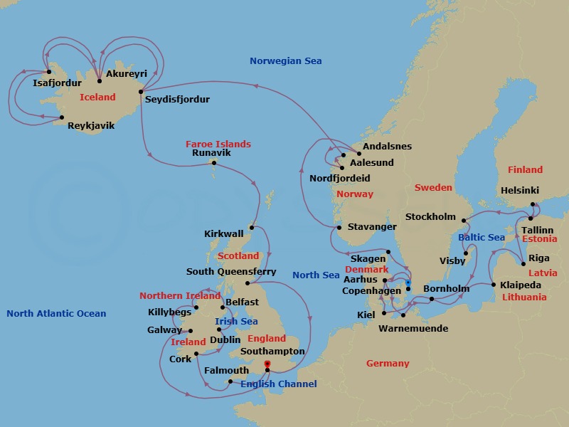 41 Night - Northern Europe Explorer - Caribbean Princess - Starting in Copenhagen, Denmark, Aarhus, Denmark, Warnemunde (for Berlin), Germany, Bornholm, Denmark, Klaipeda, Lithuania, Riga, Latvia, Tallinn, Estonia, Helsinki, Finland, Tallinn, Estonia, Stockholm, Sweden, Visby, Sweden, Bornholm, Denmark, Kiel (Hamburg), Germany, Aarhus, Denmark, Copenhagen, Denmark, Skagen, Denmark, Stavanger, Norway, Andalsnes, Norway, Nordfjordeid, Norway, Alesund, Norway, Seydisfjordur, Iceland, Akureyri, Iceland, Isafjordur, Iceland, Reykjavik, Iceland, Isafjordur, Iceland, Akureyri, Iceland, Seydisfjordur, Iceland, Runavik, Faroe Islands, Orkney Islands (Kirkwall), Scotland, Edinburgh (South Queensferry), Scotland, Southampton (for London), England, Cornwall (Falmouth), England, Cork, Ireland (Cobh / for Blarney Castle), Dublin (Dun Laoghaire), Ireland, Belfast, Northern Ireland, Killybegs, Ireland, Galway, Ireland, Southampton (for London), England itinerary map