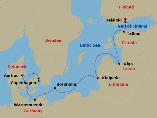7 Night - Baltic Treasures - Caribbean Princess - Starting in Copenhagen, Denmark, Aarhus, Denmark, Warnemunde (for Berlin), Germany, Bornholm, Denmark, Klaipeda, Lithuania, Riga, Latvia, Tallinn, Estonia, Helsinki, Finland itinerary map