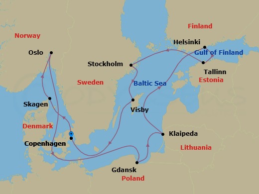 12 Night - Norway, Denmark & Sweden - Regal Princess - Starting in Copenhagen, Denmark, Skagen, Denmark, Oslo, Norway, Gdansk (Gdynia), Poland, Klaipeda, Lithuania, Helsinki, Finland, Tallinn, Estonia, Stockholm, Sweden, Visby, Sweden, Copenhagen, Denmark itinerary map