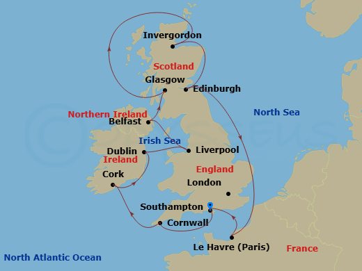 12 Night - British Isles with France & Belfast - Majestic Princess - Starting in Southampton (for London), England, Cornwall (Falmouth), England, Cork, Ireland (Cobh / for Blarney Castle), Dublin (Dun Laoghaire), Ireland, Liverpool, England, Belfast, Northern Ireland, Glasgow (Greenock), Scotland, Invergordon, Scotland, Edinburgh (South Queensferry), Scotland, Le Havre (for Paris / Normandy), France, Southampton (for London), England itinerary map