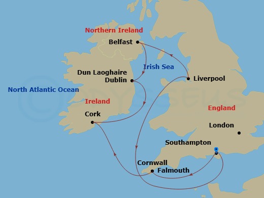 7 Night - Ireland & England - Majestic Princess - Starting in Southampton (for London), England, Cornwall (Falmouth), England, Cork, Ireland (Ringaskiddy / for Blarney Castle), Dublin (Dun Laoghaire), Ireland, Belfast, Northern Ireland, Liverpool, England, Southampton (for London), England itinerary map