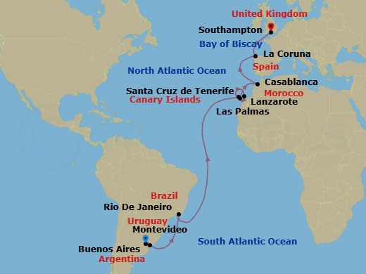 22 Night - South American Passage - Majestic Princess - Starting in Buenos Aires, Argentina, Montevideo, Uruguay, Rio De Janeiro, Brazil, Santa Cruz de Tenerife, Lanzarote (Arrecife), Canary Islands, Gran Canaria (Las Palmas), Canary Islands, Casablanca, Morocco (for Marrakesh), La Coruna, Spain (for Santiago de Compostela), Southampton (for London), England itinerary map