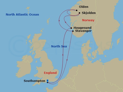 7 Night - Norwegian Fjords - Sky Princess - Starting in Southampton (for London), England, Haugesund, Norway, Skjolden / Sognefjord, Norway, Olden, Norway, Stavanger, Norway, Southampton (for London), England itinerary map