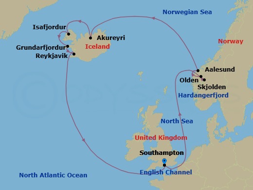 14 Night - Iceland & Norway - Majestic Princess - Starting in Southampton (for London), England, Hardangerfjord (Scenic Cruising), Norway, Skjolden / Sognefjord, Norway, Olden, Norway, Alesund, Norway, Akureyri, Iceland, Isafjordur, Iceland, Grundarfjordur, Iceland, Reykjavik, Iceland, Southampton (for London), England itinerary map
