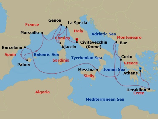 14 Night - Western Mediterranean with Greece & Italy - Sun Princess - Starting in Athens (Piraeus), Greece, Crete (Heraklion), Greece, Montenegro, Corfu, Greece, Sicily (Messina), Italy, Barcelona, Spain, Mallorca (Palma), Spain, Marseille (Provence), France, Genoa (for Cinque Terre), Italy, Corsica (Ajaccio), France, La Spezia (for Florence / Pisa), Italy, Civitavecchia (for Rome), Italy itinerary map