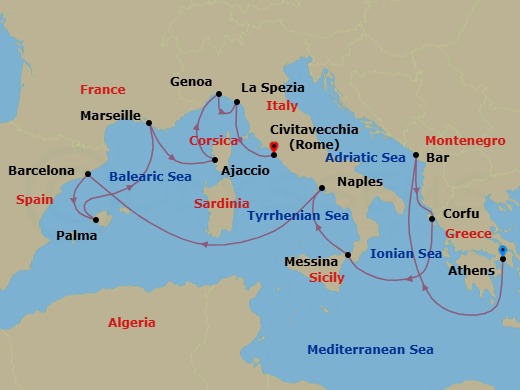 14 Night - Western Mediterranean with Greece & Italy - Sun Princess - Starting in Athens (Piraeus), Greece, Montenegro, Corfu, Greece, Sicily (Messina), Italy, Naples, Italy (for Capri and Pompeii), Barcelona, Spain, Mallorca (Palma), Spain, Marseille (Provence), France, Corsica (Ajaccio), France, Genoa (for Cinque Terre), Italy, La Spezia (for Florence / Pisa), Italy, Civitavecchia (for Rome), Italy itinerary map