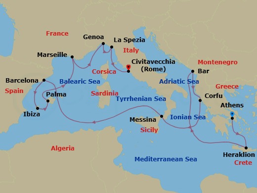 14 Night - Western Mediterranean with Greece & Italy - Sun Princess - Starting in Athens (Piraeus), Greece, Crete (Heraklion), Greece, Montenegro, Corfu, Greece, Sicily (Messina), Italy, Barcelona, Spain, Ibiza, Spain, Mallorca (Palma), Spain, Marseille (Provence), France, Genoa (for Cinque Terre), Italy, La Spezia (for Florence / Pisa), Italy, Civitavecchia (for Rome), Italy itinerary map