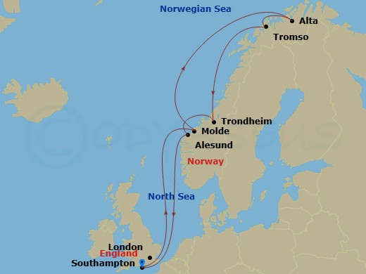 14 Night - Search for the Northern Lights - Majestic Princess - Starting in Southampton (for London), England, Alesund, Norway, Trondheim, Norway, Tromso, Norway, Alta, Norway, Molde, Norway, Southampton (for London), England itinerary map