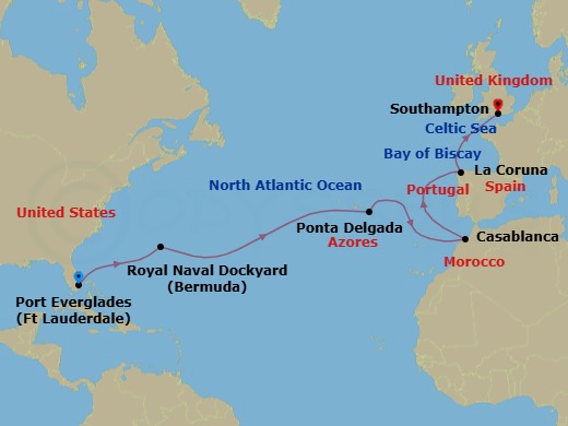 15 Night - Western Europe Passage - Sky Princess - Starting in Fort Lauderdale, Florida, Bermuda, Azores Islands (Ponta Delgada), Portugal, Casablanca, Morocco (for Marrakesh), La Coruna, Spain (for Santiago de Compostela), Southampton (for London), England itinerary map
