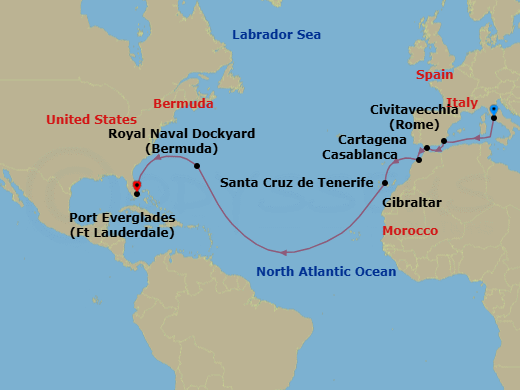 15 Night - Canary Islands & Moroccan Passage - Enchanted Princess - Starting in Civitavecchia (for Rome), Italy, Cartagena ES, Gibraltar, Casablanca, Morocco (for Marrakesh), Santa Cruz de Tenerife, Bermuda, Fort Lauderdale, Florida itinerary map