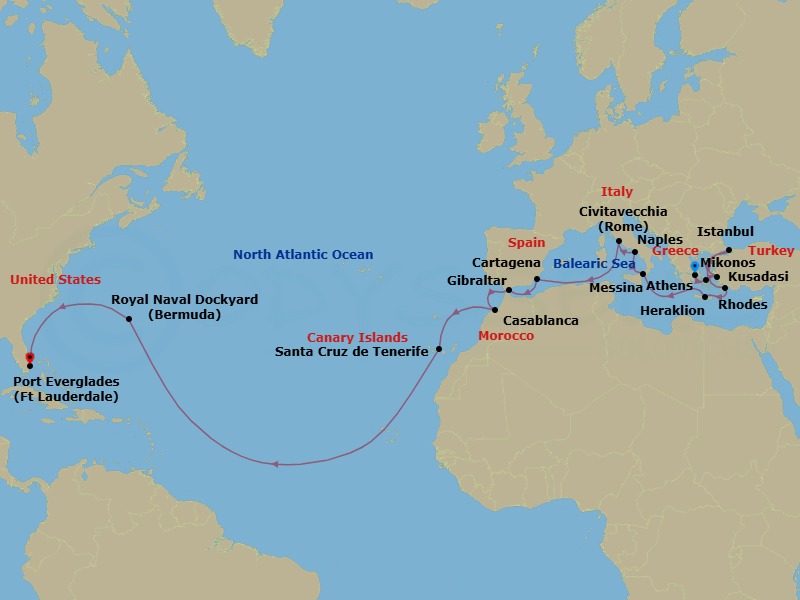 26 Night - Mediterranean, Aegean & Moroccan Grand Adventure - Enchanted Princess - Starting in Athens (Piraeus), Greece, Mykonos, Greece, Kusadasi, Turkey (for Ephesus), Istanbul, Turkey, Rhodes, Greece, Crete (Heraklion), Greece, Sicily (Messina), Italy, Naples, Italy (for Capri and Pompeii), Civitavecchia (for Rome), Italy, Cartagena ES, Gibraltar, Casablanca, Morocco (for Marrakesh), Santa Cruz de Tenerife, Bermuda, Fort Lauderdale, Florida itinerary map