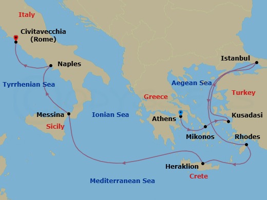 11 Night - Mediterranean with Greek Isles & Turkey - Enchanted Princess - Starting in Athens (Piraeus), Greece, Mykonos, Greece, Kusadasi, Turkey (for Ephesus), Istanbul, Turkey, Rhodes, Greece, Crete (Heraklion), Greece, Sicily (Messina), Italy, Naples, Italy (for Capri and Pompeii), Civitavecchia (for Rome), Italy itinerary map