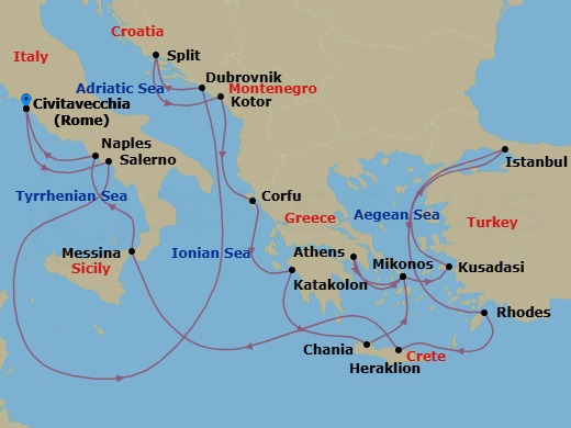 21 Night - The Best of the Mediterranean - Enchanted Princess - Starting in Civitavecchia (for Rome), Italy, Amalfi Coast (Salerno), Dubrovnik, Croatia, Split, Croatia, Kotor, Montenegro, Corfu, Greece, Katakolon (for Olympia), Greece, Crete (Chania), Greece, Mykonos, Greece, Athens (Piraeus), Greece, Mykonos, Greece, Kusadasi, Turkey (for Ephesus), Istanbul, Turkey, Rhodes, Greece, Crete (Heraklion), Greece, Sicily (Messina), Italy, Naples, Italy (for Capri and Pompeii), Civitavecchia (for Rome), Italy itinerary map