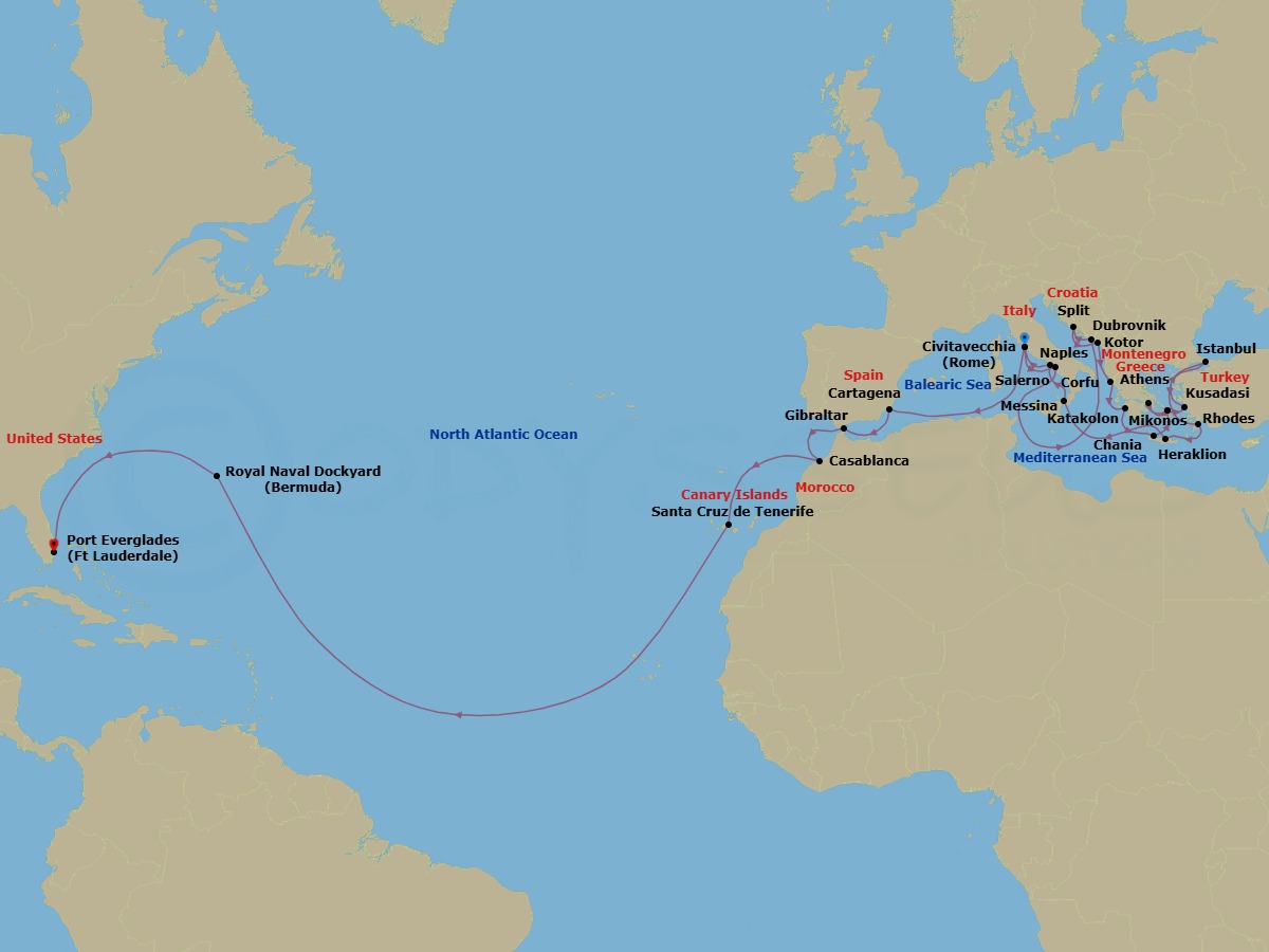 36 Night - Mediterranean, Aegean & Moroccan Grand Adventure - Enchanted Princess - Starting in Civitavecchia (for Rome), Italy, Amalfi Coast (Salerno), Dubrovnik, Croatia, Split, Croatia, Kotor, Montenegro, Corfu, Greece, Katakolon (for Olympia), Greece, Crete (Chania), Greece, Mykonos, Greece, Athens (Piraeus), Greece, Mykonos, Greece, Kusadasi, Turkey (for Ephesus), Istanbul, Turkey, Rhodes, Greece, Crete (Heraklion), Greece, Sicily (Messina), Italy, Naples, Italy (for Capri and Pompeii), Civitavecchia (for Rome), Italy, Cartagena ES, Gibraltar, Casablanca, Morocco (for Marrakesh), Santa Cruz de Tenerife, Bermuda, Fort Lauderdale, Florida itinerary map