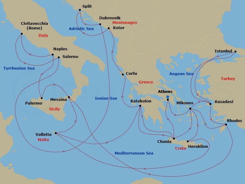 31 Night - The Best of the Mediterranean - Enchanted Princess - Starting in Athens (Piraeus), Greece, Crete (Chania), Greece, Katakolon (for Olympia), Greece, Valletta, Malta, Sicily (Messina), Italy, Rhodes, Greece, Mykonos, Greece, Kusadasi, Turkey (for Ephesus), Istanbul, Turkey, Kusadasi, Turkey (for Ephesus), Rhodes, Greece, Mykonos, Greece, Crete (Heraklion), Greece, Valletta, Malta, Sicily (Messina), Italy, Sicily (Palermo), Italy, Naples, Italy (for Capri and Pompeii), Civitavecchia (for Rome), Italy, Amalfi Coast (Salerno), Dubrovnik, Croatia, Split, Croatia, Kotor, Montenegro, Corfu, Greece, Katakolon (for Olympia), Greece, Crete (Chania), Greece, Mykonos, Greece, Athens (Piraeus), Greece itinerary map