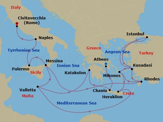21 Night - The Best of the Mediterranean - Enchanted Princess - Starting in Athens (Piraeus), Greece, Crete (Chania), Greece, Katakolon (for Olympia), Greece, Valletta, Malta, Sicily (Messina), Italy, Rhodes, Greece, Mykonos, Greece, Kusadasi, Turkey (for Ephesus), Istanbul, Turkey, Kusadasi, Turkey (for Ephesus), Rhodes, Greece, Mykonos, Greece, Crete (Heraklion), Greece, Valletta, Malta, Sicily (Messina), Italy, Sicily (Palermo), Italy, Naples, Italy (for Capri and Pompeii), Civitavecchia (for Rome), Italy itinerary map