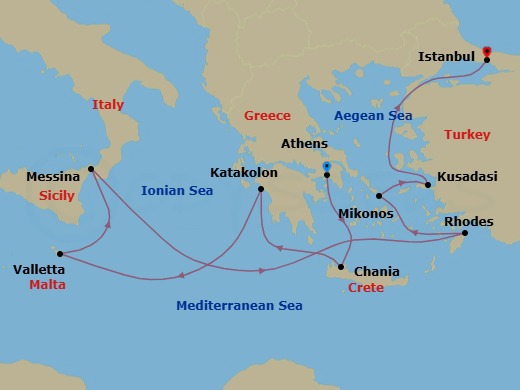10 Night - Mediterranean with Greek Isles & Turkey - Enchanted Princess - Starting in Athens (Piraeus), Greece, Crete (Chania), Greece, Katakolon (for Olympia), Greece, Valletta, Malta, Sicily (Messina), Italy, Rhodes, Greece, Mykonos, Greece, Kusadasi, Turkey (for Ephesus), Istanbul, Turkey itinerary map