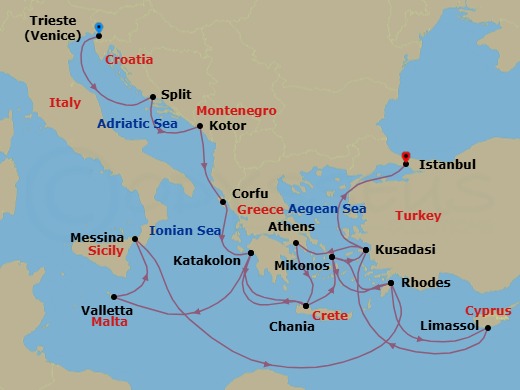 21 Night - The Best of the Mediterranean - Enchanted Princess - Starting in Trieste (for Venice), Italy, Split, Croatia, Kotor, Montenegro, Corfu, Greece, Katakolon (for Olympia), Greece, Crete (Chania), Greece, Mykonos, Greece, Rhodes, Greece, Limassol, Cyprus, Kusadasi, Turkey (for Ephesus), Athens (Piraeus), Greece, Crete (Chania), Greece, Katakolon (for Olympia), Greece, Valletta, Malta, Sicily (Messina), Italy, Rhodes, Greece, Mykonos, Greece, Kusadasi, Turkey (for Ephesus), Istanbul, Turkey itinerary map