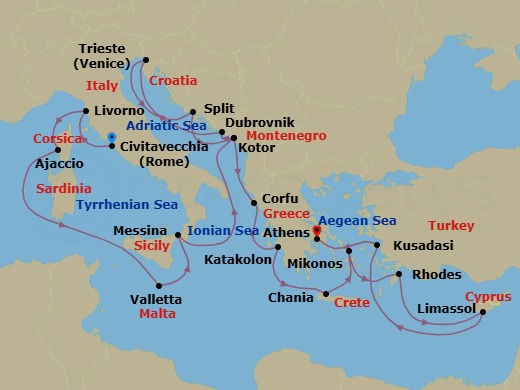 21 Night - The Best of the Mediterranean - Enchanted Princess - Starting in Civitavecchia (for Rome), Italy, Livorno (for Florence / Pisa), Italy, Corsica (Ajaccio), France, Valletta, Malta, Sicily (Messina), Italy, Kotor, Montenegro, Dubrovnik, Croatia, Trieste (for Venice), Italy, Split, Croatia, Kotor, Montenegro, Corfu, Greece, Katakolon (for Olympia), Greece, Crete (Chania), Greece, Mykonos, Greece, Rhodes, Greece, Limassol, Cyprus, Kusadasi, Turkey (for Ephesus), Athens (Piraeus), Greece itinerary map