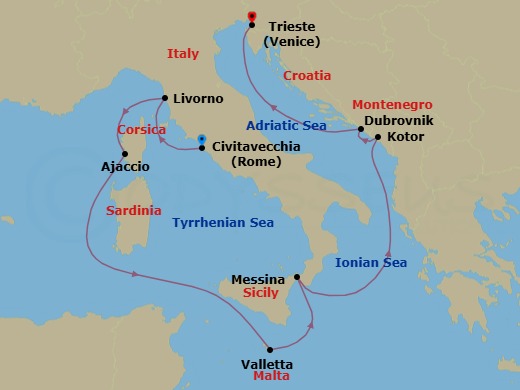 10 Night - Mediterranean with Italy & Croatia - Enchanted Princess - Starting in Civitavecchia (for Rome), Italy, Livorno (for Florence / Pisa), Italy, Corsica (Ajaccio), France, Valletta, Malta, Sicily (Messina), Italy, Kotor, Montenegro, Dubrovnik, Croatia, Trieste (for Venice), Italy itinerary map