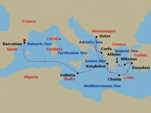 10 Night - Mediterranean with Greece & Adriatic - Enchanted Princess - Starting in Athens (Piraeus), Greece, Mykonos, Greece, Kusadasi, Turkey (for Ephesus), Crete (Chania), Greece, Katakolon (for Olympia), Greece, Corfu, Greece, Kotor, Montenegro, Valletta, Malta, Barcelona, Spain itinerary map