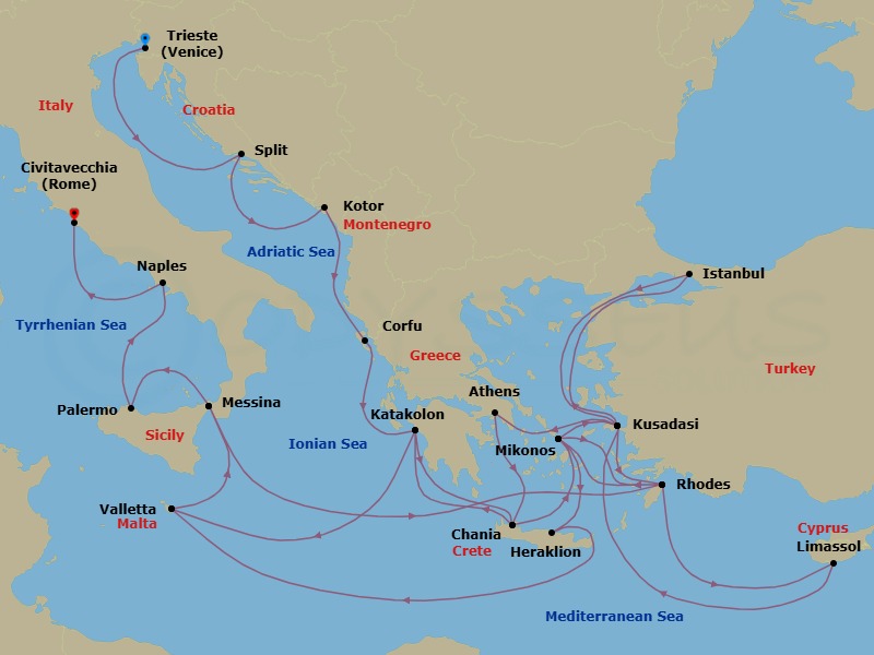 32 Night - The Best of the Mediterranean - Enchanted Princess - Starting in Trieste (for Venice), Italy, Split, Croatia, Kotor, Montenegro, Corfu, Greece, Katakolon (for Olympia), Greece, Crete (Chania), Greece, Mykonos, Greece, Rhodes, Greece, Limassol, Cyprus, Kusadasi, Turkey (for Ephesus), Athens (Piraeus), Greece, Crete (Chania), Greece, Katakolon (for Olympia), Greece, Valletta, Malta, Sicily (Messina), Italy, Rhodes, Greece, Mykonos, Greece, Kusadasi, Turkey (for Ephesus), Istanbul, Turkey, Kusadasi, Turkey (for Ephesus), Rhodes, Greece, Mykonos, Greece, Crete (Heraklion), Greece, Valletta, Malta, Sicily (Messina), Italy, Sicily (Palermo), Italy, Naples, Italy (for Capri and Pompeii), Civitavecchia (for Rome), Italy itinerary map