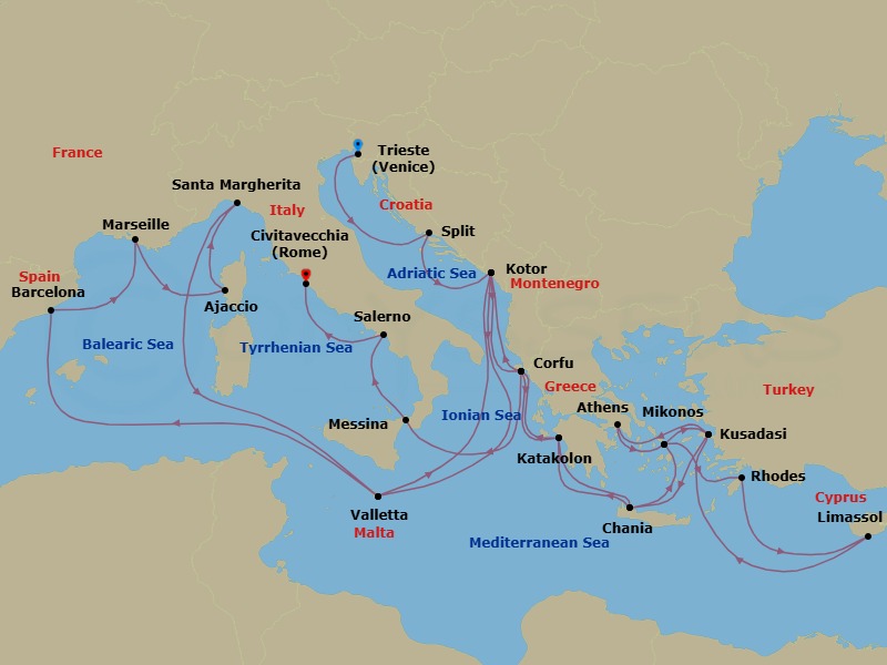 32 Night - The Best of the Mediterranean - Enchanted Princess - Starting in Trieste (for Venice), Italy, Split, Croatia, Kotor, Montenegro, Corfu, Greece, Katakolon (for Olympia), Greece, Crete (Chania), Greece, Mykonos, Greece, Rhodes, Greece, Limassol, Cyprus, Kusadasi, Turkey (for Ephesus), Athens (Piraeus), Greece, Mykonos, Greece, Kusadasi, Turkey (for Ephesus), Crete (Chania), Greece, Katakolon (for Olympia), Greece, Corfu, Greece, Kotor, Montenegro, Valletta, Malta, Barcelona, Spain, Marseille (Provence), France, Corsica (Ajaccio), France, Santa Margherita, Italy, Valletta, Malta, Kotor, Montenegro, Corfu, Greece, Sicily (Messina), Italy, Amalfi Coast (Salerno), Civitavecchia (for Rome), Italy itinerary map
