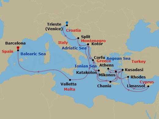 21 Night - The Best of the Mediterranean - Enchanted Princess - Starting in Trieste (for Venice), Italy, Split, Croatia, Kotor, Montenegro, Corfu, Greece, Katakolon (for Olympia), Greece, Crete (Chania), Greece, Mykonos, Greece, Rhodes, Greece, Limassol, Cyprus, Kusadasi, Turkey (for Ephesus), Athens (Piraeus), Greece, Mykonos, Greece, Kusadasi, Turkey (for Ephesus), Crete (Chania), Greece, Katakolon (for Olympia), Greece, Corfu, Greece, Kotor, Montenegro, Valletta, Malta, Barcelona, Spain itinerary map