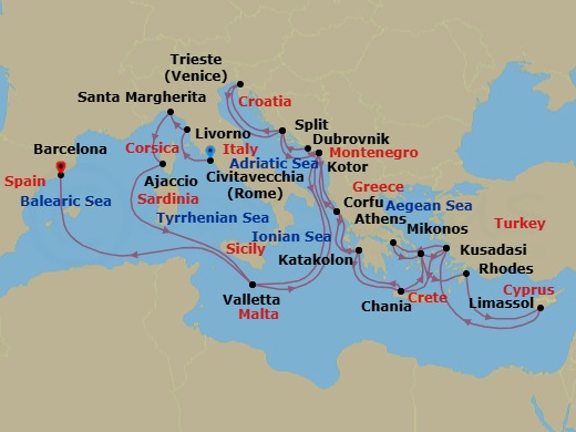 31 Night - The Best of the Mediterranean - Enchanted Princess - Starting in Civitavecchia (for Rome), Italy, Livorno (for Florence / Pisa), Italy, Santa Margherita, Italy, Corsica (Ajaccio), France, Valletta, Malta, Kotor, Montenegro, Dubrovnik, Croatia, Split, Croatia, Trieste (for Venice), Italy, Split, Croatia, Kotor, Montenegro, Corfu, Greece, Katakolon (for Olympia), Greece, Crete (Chania), Greece, Mykonos, Greece, Rhodes, Greece, Limassol, Cyprus, Kusadasi, Turkey (for Ephesus), Athens (Piraeus), Greece, Mykonos, Greece, Kusadasi, Turkey (for Ephesus), Crete (Chania), Greece, Katakolon (for Olympia), Greece, Corfu, Greece, Kotor, Montenegro, Valletta, Malta, Barcelona, Spain itinerary map