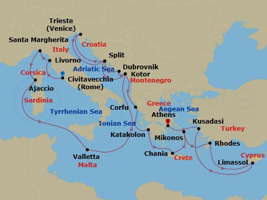 21 Night - The Best of the Mediterranean - Enchanted Princess - Starting in Civitavecchia (for Rome), Italy, Livorno (for Florence / Pisa), Italy, Santa Margherita, Italy, Corsica (Ajaccio), France, Valletta, Malta, Kotor, Montenegro, Dubrovnik, Croatia, Split, Croatia, Trieste (for Venice), Italy, Split, Croatia, Kotor, Montenegro, Corfu, Greece, Katakolon (for Olympia), Greece, Crete (Chania), Greece, Mykonos, Greece, Rhodes, Greece, Limassol, Cyprus, Kusadasi, Turkey (for Ephesus), Athens (Piraeus), Greece itinerary map