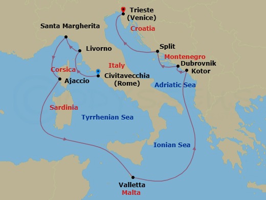 10 Night - Mediterranean with Italy & Croatia - Enchanted Princess - Starting in Civitavecchia (for Rome), Italy, Livorno (for Florence / Pisa), Italy, Santa Margherita, Italy, Corsica (Ajaccio), France, Valletta, Malta, Kotor, Montenegro, Dubrovnik, Croatia, Split, Croatia, Trieste (for Venice), Italy itinerary map