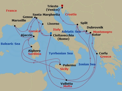 24 Night - The Best of the Mediterranean - Enchanted Princess - Starting in Civitavecchia (for Rome), Italy, Genoa (for Cinque Terre), Italy, Marseille (Provence), France, Corsica (Ajaccio), France, Sardinia (Alghero), Italy, Sicily (Palermo), Italy, Valletta, Malta, Split, Croatia, Dubrovnik, Croatia, Kotor, Montenegro, Corfu, Greece, Civitavecchia (for Rome), Italy, Livorno (for Florence / Pisa), Italy, Santa Margherita, Italy, Corsica (Ajaccio), France, Valletta, Malta, Kotor, Montenegro, Dubrovnik, Croatia, Split, Croatia, Trieste (for Venice), Italy itinerary map