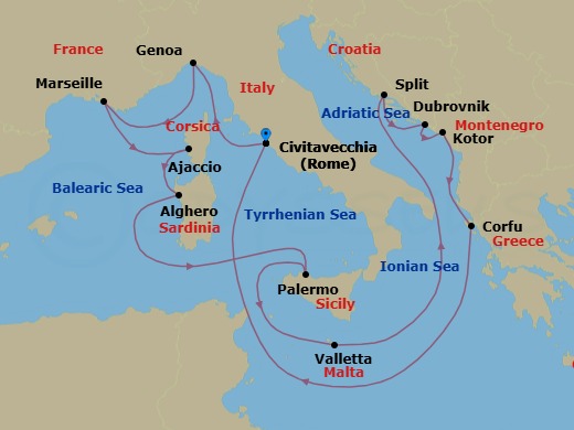 14 Night - Mediterranean, Aegean & Adriatic - Enchanted Princess - Starting in Civitavecchia (for Rome), Italy, Genoa (for Cinque Terre), Italy, Marseille (Provence), France, Corsica (Ajaccio), France, Sardinia (Alghero), Italy, Sicily (Palermo), Italy, Valletta, Malta, Split, Croatia, Dubrovnik, Croatia, Kotor, Montenegro, Corfu, Greece, Civitavecchia (for Rome), Italy itinerary map