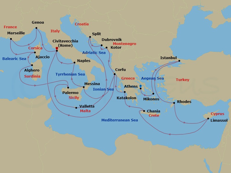 28 Night - The Best of the Mediterranean - Enchanted Princess - Starting in Athens (Piraeus), Greece, Mykonos, Greece, Istanbul, Turkey, Rhodes, Greece, Limassol, Cyprus, Crete (Chania), Greece, Katakolon (for Olympia), Greece, Corfu, Greece, Sicily (Messina), Italy, Naples, Italy (for Capri and Pompeii), Civitavecchia (for Rome), Italy, Genoa (for Cinque Terre), Italy, Marseille (Provence), France, Corsica (Ajaccio), France, Sardinia (Alghero), Italy, Sicily (Palermo), Italy, Valletta, Malta, Split, Croatia, Dubrovnik, Croatia, Kotor, Montenegro, Corfu, Greece, Civitavecchia (for Rome), Italy itinerary map