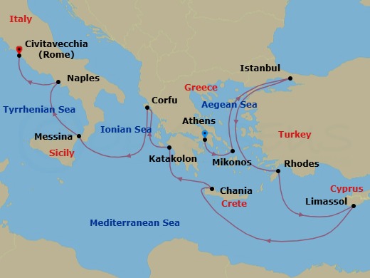 14 Night - Mediterranean with Greek Isles & Turkey - Enchanted Princess - Starting in Athens (Piraeus), Greece, Mykonos, Greece, Istanbul, Turkey, Rhodes, Greece, Limassol, Cyprus, Crete (Chania), Greece, Katakolon (for Olympia), Greece, Corfu, Greece, Sicily (Messina), Italy, Naples, Italy (for Capri and Pompeii), Civitavecchia (for Rome), Italy itinerary map