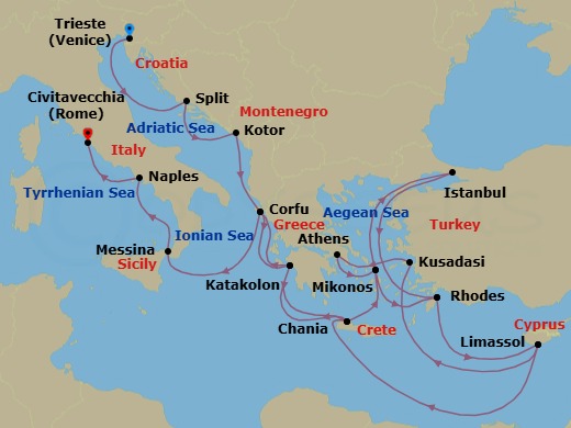 25 Night - The Best of the Mediterranean - Enchanted Princess - Starting in Trieste (for Venice), Italy, Split, Croatia, Kotor, Montenegro, Corfu, Greece, Katakolon (for Olympia), Greece, Crete (Chania), Greece, Mykonos, Greece, Rhodes, Greece, Limassol, Cyprus, Kusadasi, Turkey (for Ephesus), Athens (Piraeus), Greece, Mykonos, Greece, Istanbul, Turkey, Rhodes, Greece, Limassol, Cyprus, Crete (Chania), Greece, Katakolon (for Olympia), Greece, Corfu, Greece, Sicily (Messina), Italy, Naples, Italy (for Capri and Pompeii), Civitavecchia (for Rome), Italy itinerary map