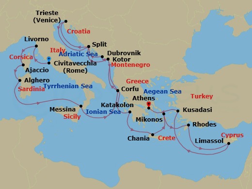 21 Night - The Best of the Mediterranean - Enchanted Princess - Starting in Civitavecchia (for Rome), Italy, Livorno (for Florence / Pisa), Italy, Corsica (Ajaccio), France, Sardinia (Alghero), Italy, Sicily (Messina), Italy, Corfu, Greece, Kotor, Montenegro, Dubrovnik, Croatia, Split, Croatia, Trieste (for Venice), Italy, Split, Croatia, Kotor, Montenegro, Corfu, Greece, Katakolon (for Olympia), Greece, Crete (Chania), Greece, Mykonos, Greece, Rhodes, Greece, Limassol, Cyprus, Kusadasi, Turkey (for Ephesus), Athens (Piraeus), Greece itinerary map