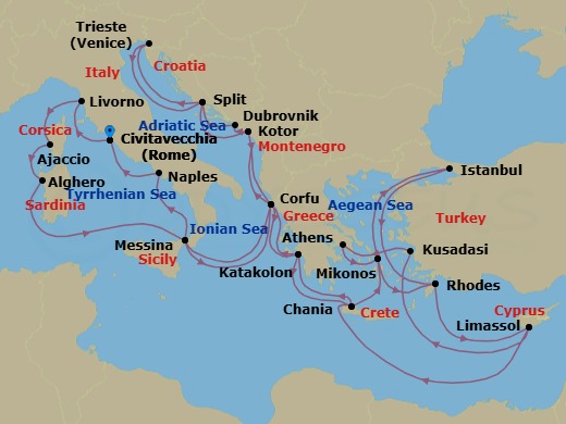35 Night - The Best of the Mediterranean - Enchanted Princess - Starting in Civitavecchia (for Rome), Italy, Livorno (for Florence / Pisa), Italy, Corsica (Ajaccio), France, Sardinia (Alghero), Italy, Sicily (Messina), Italy, Corfu, Greece, Kotor, Montenegro, Dubrovnik, Croatia, Split, Croatia, Trieste (for Venice), Italy, Split, Croatia, Kotor, Montenegro, Corfu, Greece, Katakolon (for Olympia), Greece, Crete (Chania), Greece, Mykonos, Greece, Rhodes, Greece, Limassol, Cyprus, Kusadasi, Turkey (for Ephesus), Athens (Piraeus), Greece, Mykonos, Greece, Istanbul, Turkey, Rhodes, Greece, Limassol, Cyprus, Crete (Chania), Greece, Katakolon (for Olympia), Greece, Corfu, Greece, Sicily (Messina), Italy, Naples, Italy (for Capri and Pompeii), Civitavecchia (for Rome), Italy itinerary map