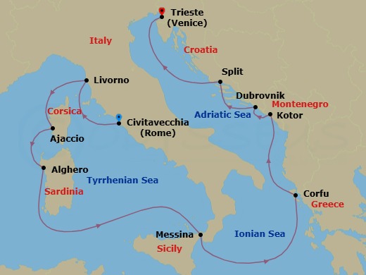 10 Night - Mediterranean with Italy & Croatia - Enchanted Princess - Starting in Civitavecchia (for Rome), Italy, Livorno (for Florence / Pisa), Italy, Corsica (Ajaccio), France, Sardinia (Alghero), Italy, Sicily (Messina), Italy, Corfu, Greece, Kotor, Montenegro, Dubrovnik, Croatia, Split, Croatia, Trieste (for Venice), Italy itinerary map