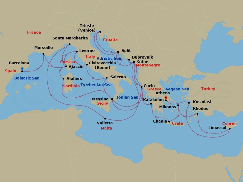 32 Night - The Best of the Mediterranean - Enchanted Princess - Starting in Barcelona, Spain, Marseille (Provence), France, Corsica (Ajaccio), France, Santa Margherita, Italy, Valletta, Malta, Kotor, Montenegro, Corfu, Greece, Sicily (Messina), Italy, Amalfi Coast (Salerno), Civitavecchia (for Rome), Italy, Livorno (for Florence / Pisa), Italy, Corsica (Ajaccio), France, Sardinia (Alghero), Italy, Sicily (Messina), Italy, Corfu, Greece, Kotor, Montenegro, Dubrovnik, Croatia, Split, Croatia, Trieste (for Venice), Italy, Split, Croatia, Kotor, Montenegro, Corfu, Greece, Katakolon (for Olympia), Greece, Crete (Chania), Greece, Mykonos, Greece, Rhodes, Greece, Limassol, Cyprus, Kusadasi, Turkey (for Ephesus), Athens (Piraeus), Greece itinerary map