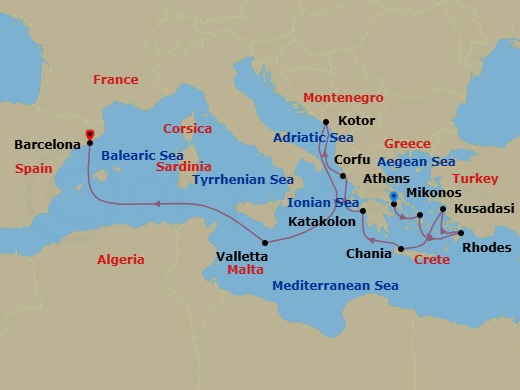 11 Night - Mediterranean with Greece & Adriatic - Enchanted Princess - Starting in Athens (Piraeus), Greece, Mykonos, Greece, Rhodes, Greece, Kusadasi, Turkey (for Ephesus), Crete (Chania), Greece, Katakolon (for Olympia), Greece, Corfu, Greece, Kotor, Montenegro, Valletta, Malta, Barcelona, Spain itinerary map