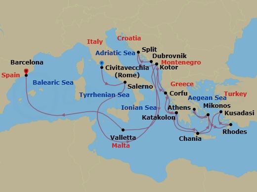 21 Night - The Best of the Mediterranean - Enchanted Princess - Starting in Civitavecchia (for Rome), Italy, Amalfi Coast (Salerno), Dubrovnik, Croatia, Split, Croatia, Kotor, Montenegro, Corfu, Greece, Katakolon (for Olympia), Greece, Crete (Chania), Greece, Mykonos, Greece, Athens (Piraeus), Greece, Mykonos, Greece, Rhodes, Greece, Kusadasi, Turkey (for Ephesus), Crete (Chania), Greece, Katakolon (for Olympia), Greece, Corfu, Greece, Kotor, Montenegro, Valletta, Malta, Barcelona, Spain itinerary map