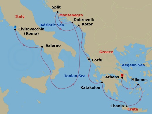 10 Night - Mediterranean with Greek Isles & Italy - Enchanted Princess - Starting in Civitavecchia (for Rome), Italy, Amalfi Coast (Salerno), Dubrovnik, Croatia, Split, Croatia, Kotor, Montenegro, Corfu, Greece, Katakolon (for Olympia), Greece, Crete (Chania), Greece, Mykonos, Greece, Athens (Piraeus), Greece itinerary map