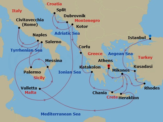 21 Night - The Best of the Mediterranean - Enchanted Princess - Starting in Istanbul, Turkey, Kusadasi, Turkey (for Ephesus), Rhodes, Greece, Mykonos, Greece, Crete (Heraklion), Greece, Valletta, Malta, Sicily (Messina), Italy, Sicily (Palermo), Italy, Naples, Italy (for Capri and Pompeii), Civitavecchia (for Rome), Italy, Amalfi Coast (Salerno), Dubrovnik, Croatia, Split, Croatia, Kotor, Montenegro, Corfu, Greece, Katakolon (for Olympia), Greece, Crete (Chania), Greece, Mykonos, Greece, Athens (Piraeus), Greece itinerary map