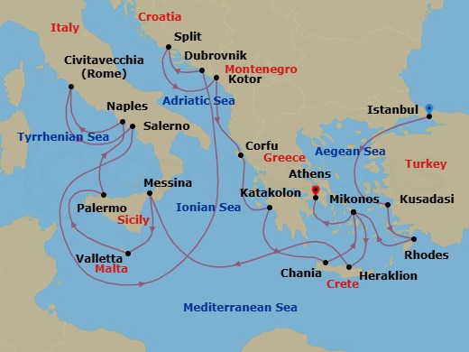 21 Night - The Best of the Mediterranean - Enchanted Princess - Starting in Istanbul, Turkey, Kusadasi, Turkey (for Ephesus), Rhodes, Greece, Mykonos, Greece, Crete (Heraklion), Greece, Sicily (Messina), Italy, Valletta, Malta, Sicily (Palermo), Italy, Naples, Italy (for Capri and Pompeii), Civitavecchia (for Rome), Italy, Amalfi Coast (Salerno), Dubrovnik, Croatia, Split, Croatia, Kotor, Montenegro, Corfu, Greece, Katakolon (for Olympia), Greece, Crete (Chania), Greece, Mykonos, Greece, Athens (Piraeus), Greece itinerary map