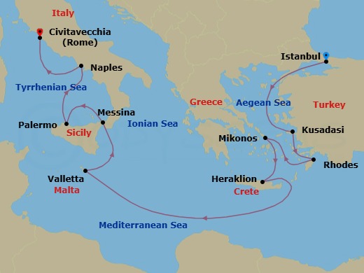 11 Night - Mediterranean with Greek Isles & Turkey - Enchanted Princess - Starting in Istanbul, Turkey, Kusadasi, Turkey (for Ephesus), Rhodes, Greece, Mykonos, Greece, Crete (Heraklion), Greece, Valletta, Malta, Sicily (Messina), Italy, Sicily (Palermo), Italy, Naples, Italy (for Capri and Pompeii), Civitavecchia (for Rome), Italy itinerary map