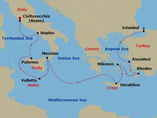 11 Night - Mediterranean with Greek Isles & Turkey - Enchanted Princess - Starting in Istanbul, Turkey, Kusadasi, Turkey (for Ephesus), Rhodes, Greece, Mykonos, Greece, Crete (Heraklion), Greece, Sicily (Messina), Italy, Valletta, Malta, Sicily (Palermo), Italy, Naples, Italy (for Capri and Pompeii), Civitavecchia (for Rome), Italy itinerary map